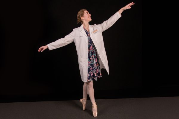 Professor Caroline Ko in ballet position.