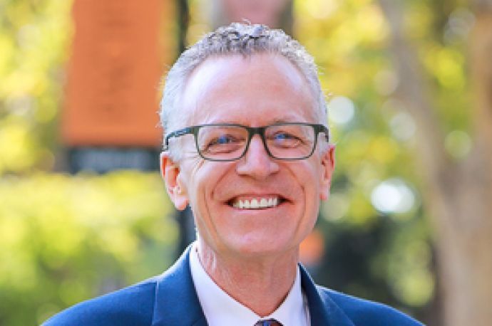 McGeorge School of Law Dean Michael Hunter Schwartz on the quad of the Sacramento campus