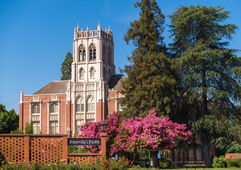 exterior of Faye Spanos Concert Hall in the spring