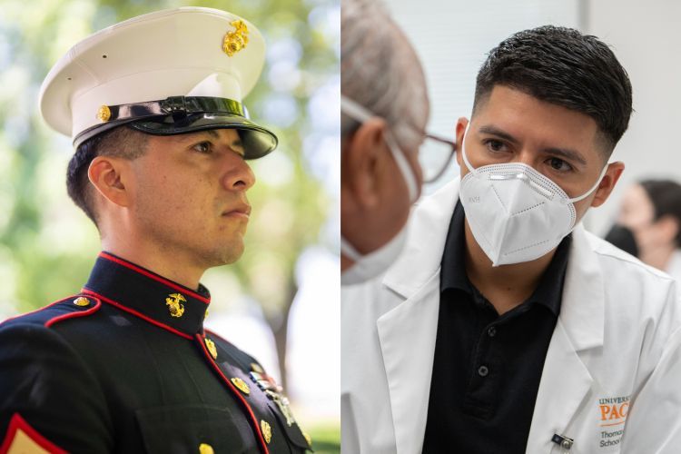 PharmD student in military uniform and PharmD student interacting with a patient at a health care clinic