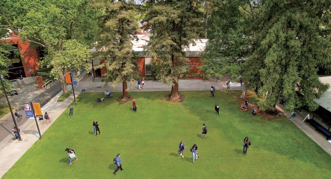 An over-head shot of the Quad at the Sacramento Campus